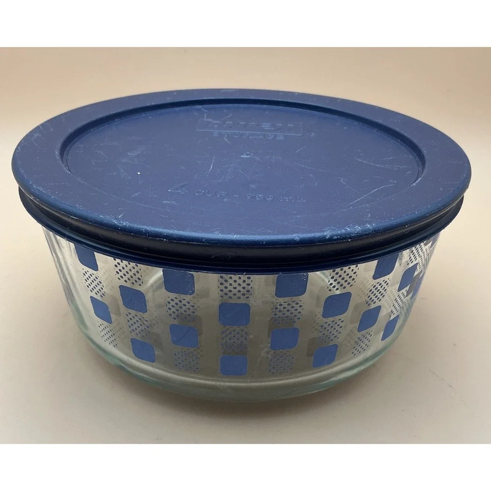 Pyrex 7201 Glass Storage Bowl 4 Cup Blue Dotted Squares Pattern Round Lid Set